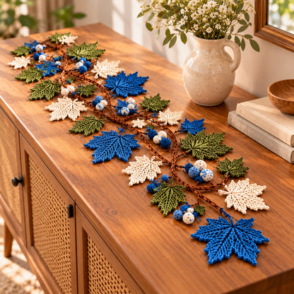 Handmade Crochet Maple Leaf Table Runner – Blue, Olive & Cream Fall Decor