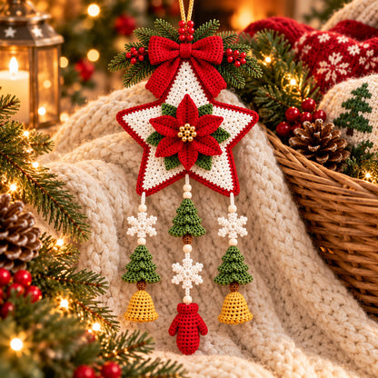Christmas Hanging Star Ornament Crochet Pattern PDF – Poinsettia & Holiday Motifs