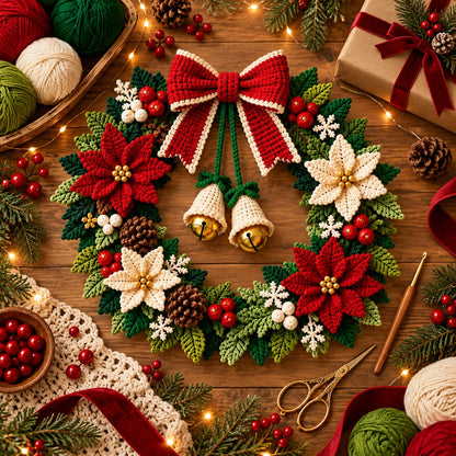 Crochet Christmas Wreath Pattern PDF – Poinsettia, Bow, Bells & Holiday Decor