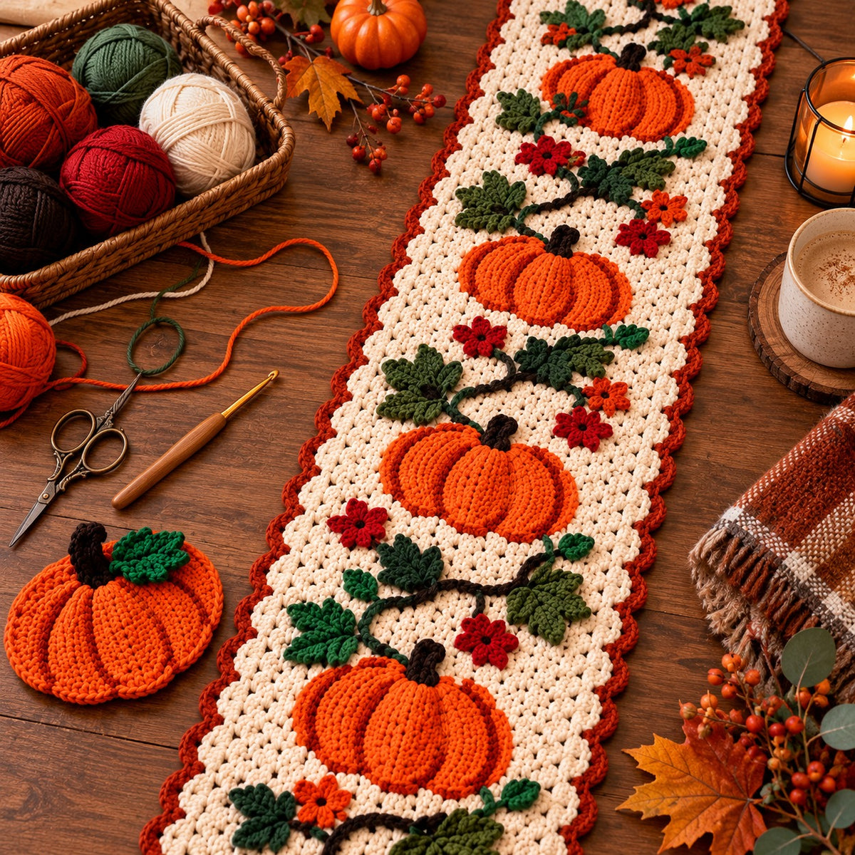 Crochet Pumpkin Table Runner Pattern PDF – Fall & Thanksgiving Decor