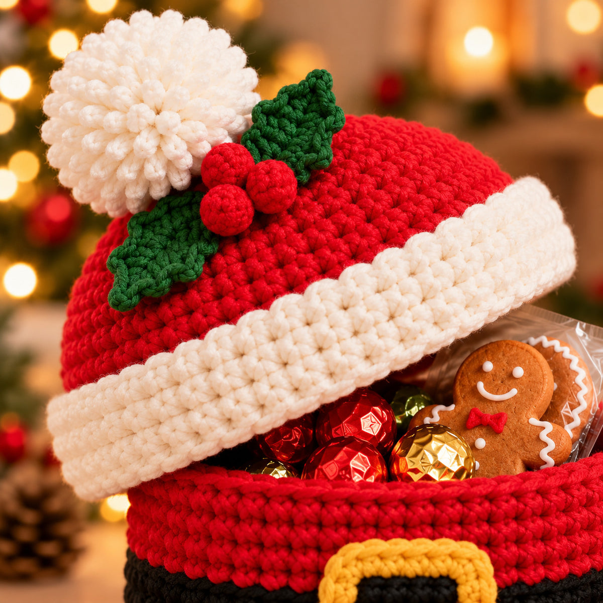 Crochet Santa Gift Basket Pattern PDF – Christmas Treat Basket with Hat Lid