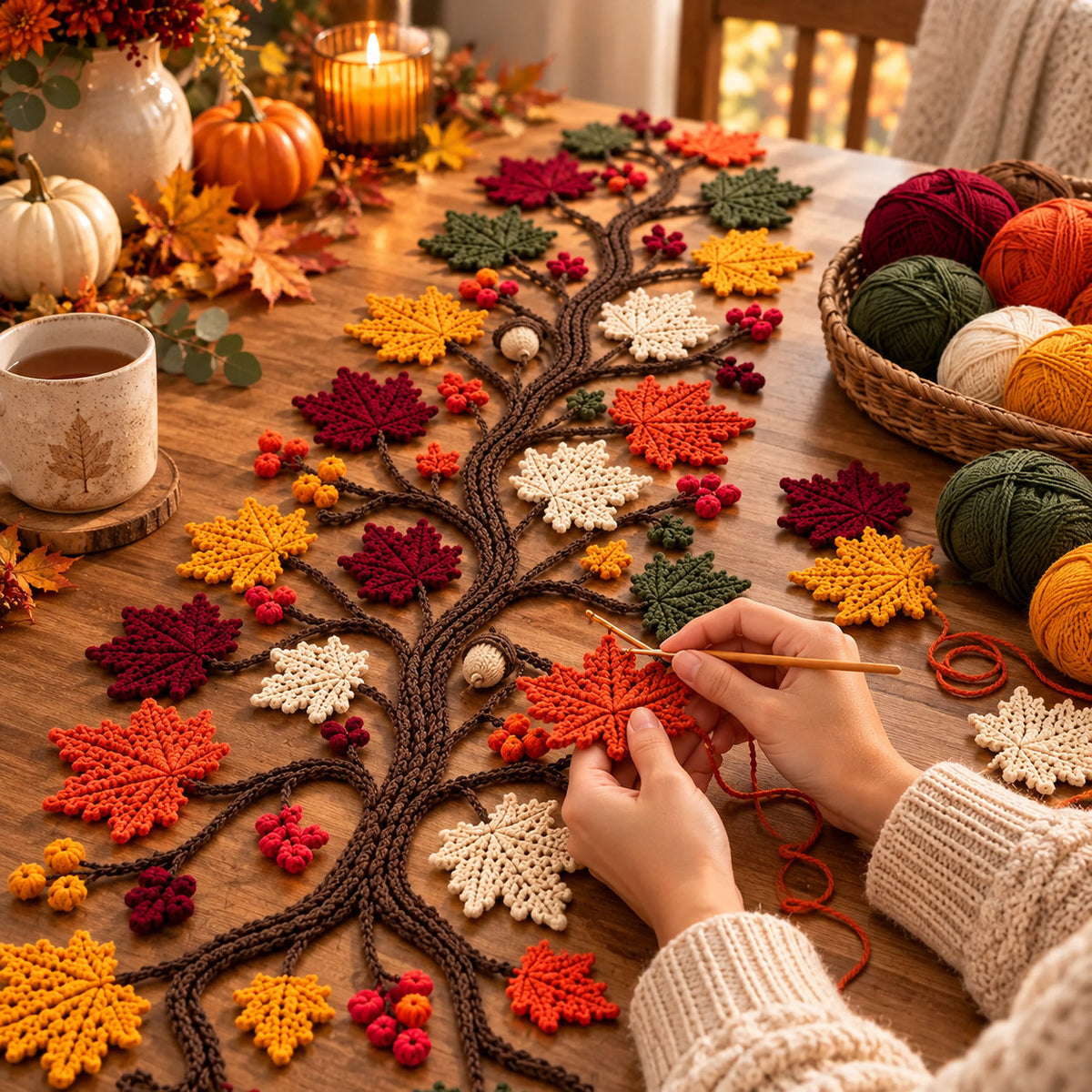 Autumn Tree Table Runner Crochet Pattern PDF – Maple Leaves, Berries & Acorns