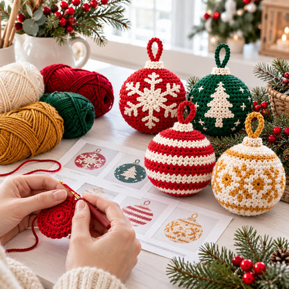 4 Christmas Bauble Crochet Patterns PDF – Snowflake, Tree, Striped & Gold Ornaments