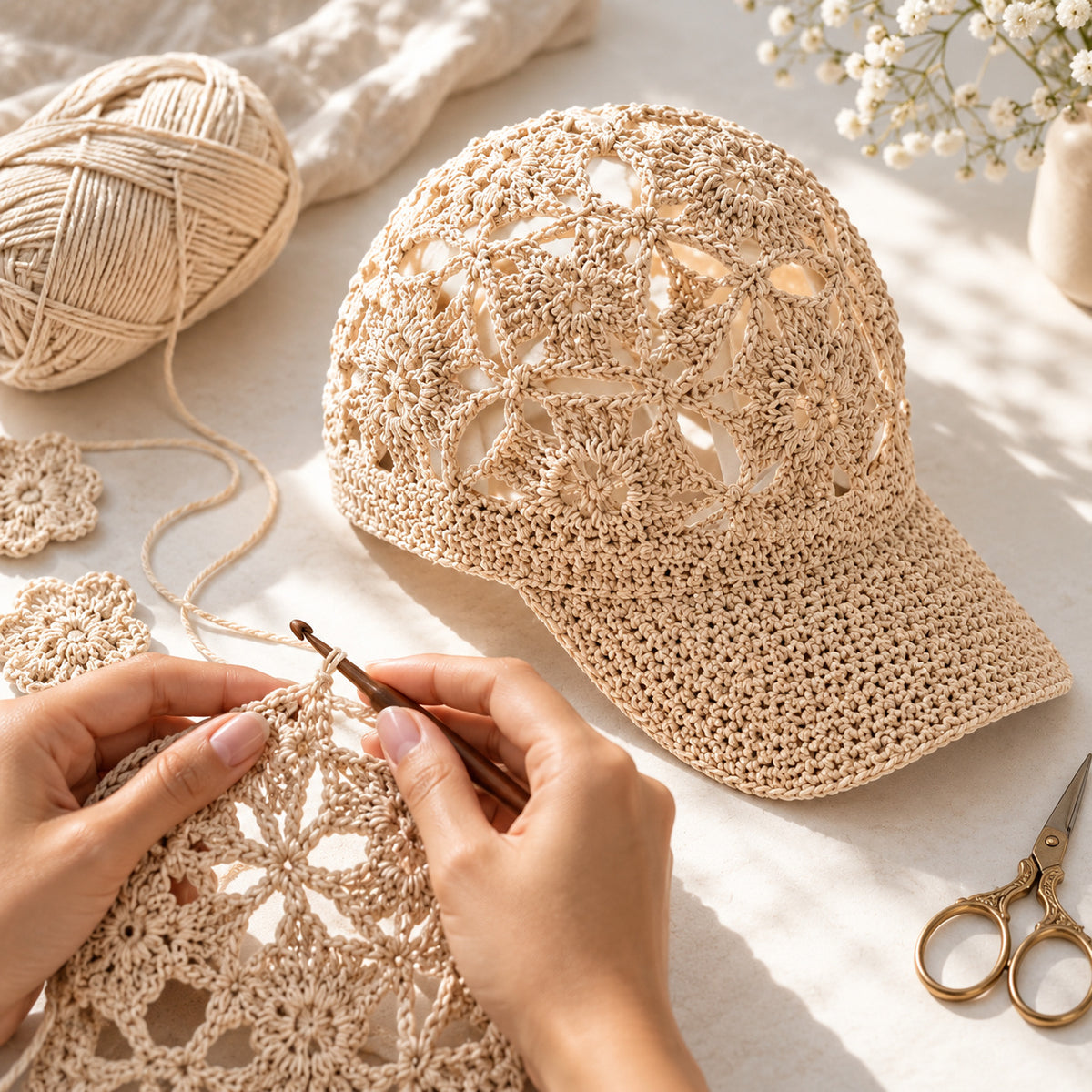 Floral Newsboy Cap Crochet Pattern PDF – Structured Brim Hat + Video Tutorial