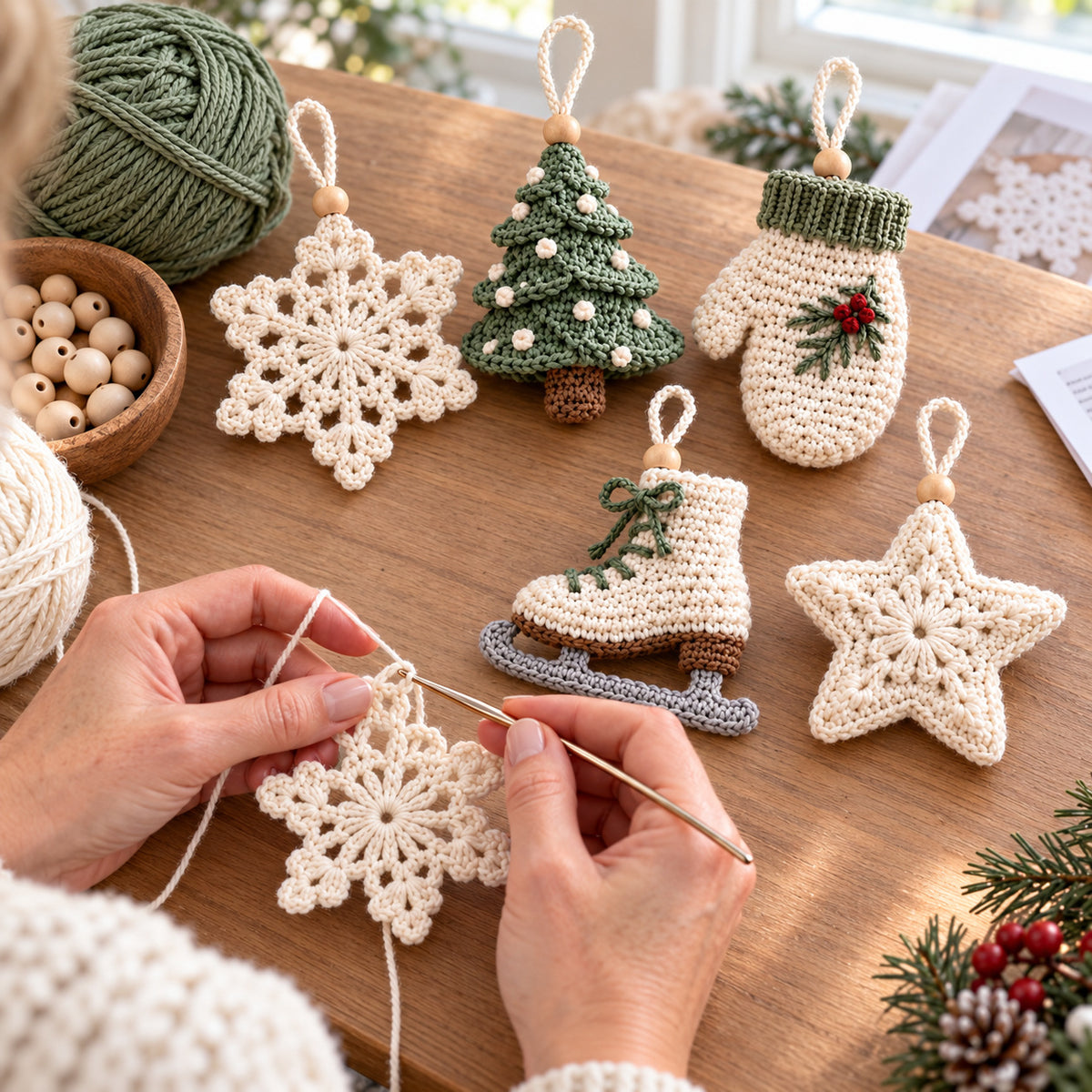 5 Christmas Ornament Crochet Patterns PDF – Snowflake, Tree, Star, Mitten & Ice Skate
