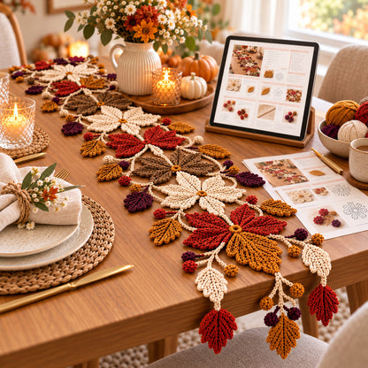 Crochet Autumn Floral Table Runner Pattern PDF | Fall Leaf & Berry Decor