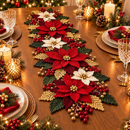 Crochet Poinsettia Table Runner Pattern PDF – Christmas Floral Centerpiece