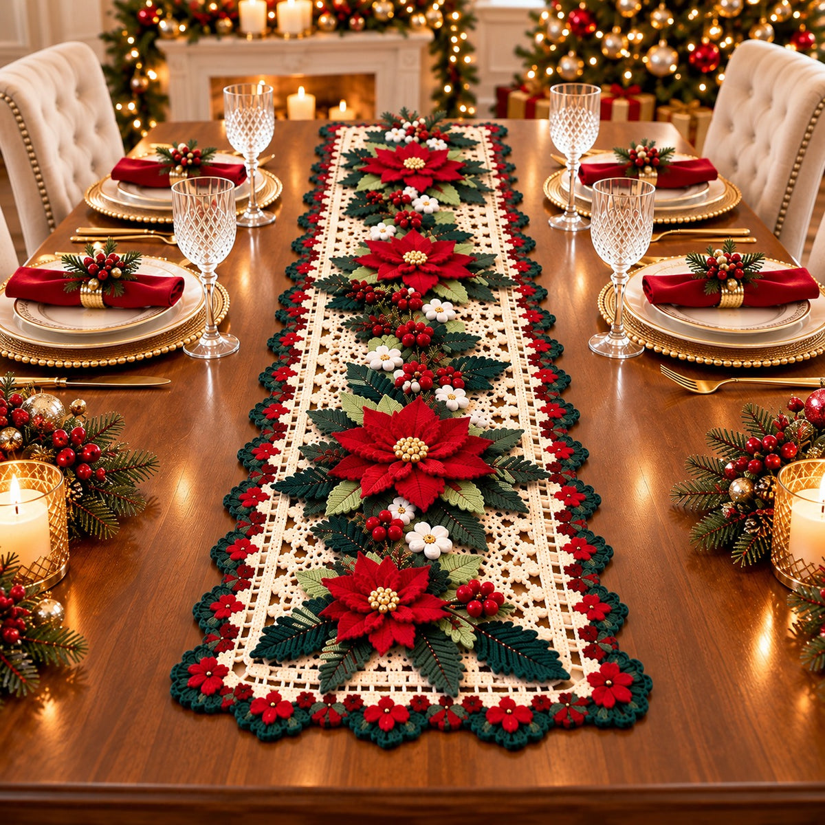 Crochet Poinsettia Table Runner Pattern – Dimensional Christmas Floral PDF