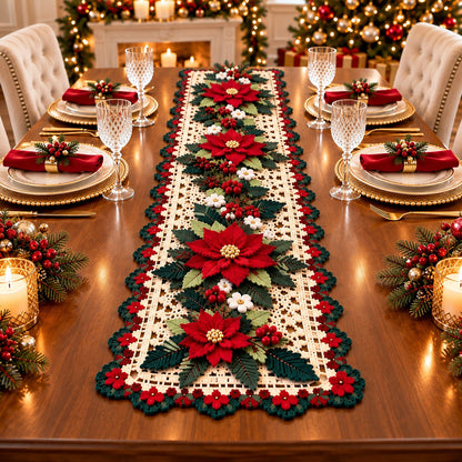 Crochet Poinsettia Table Runner Pattern – Dimensional Christmas Floral PDF