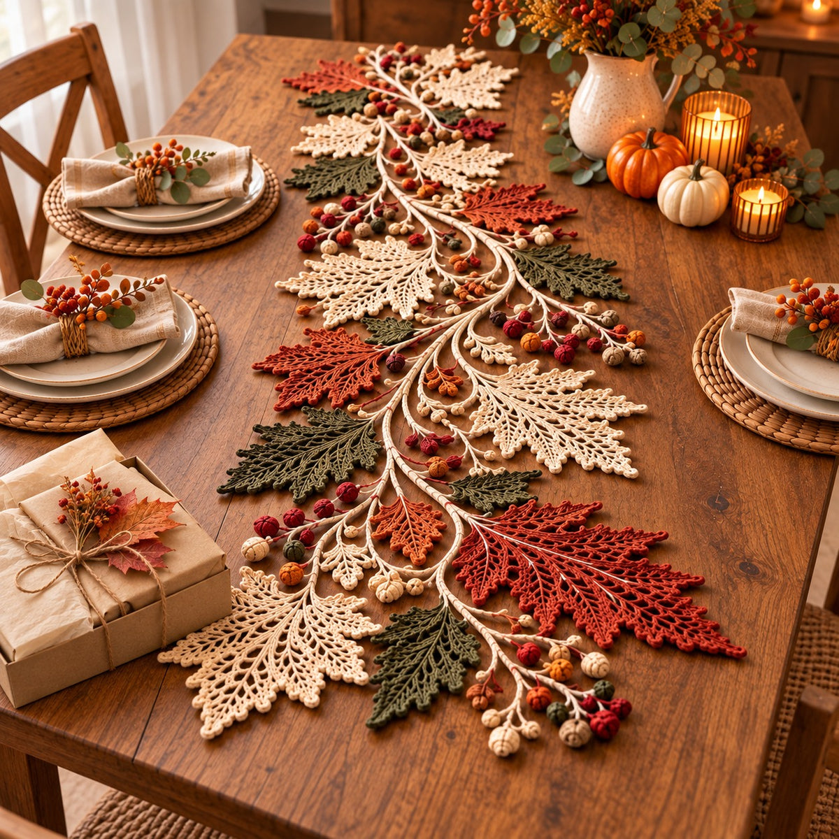 Autumn Leaf Table Runner & Coaster Set Crochet Pattern PDF – Botanical Lace
