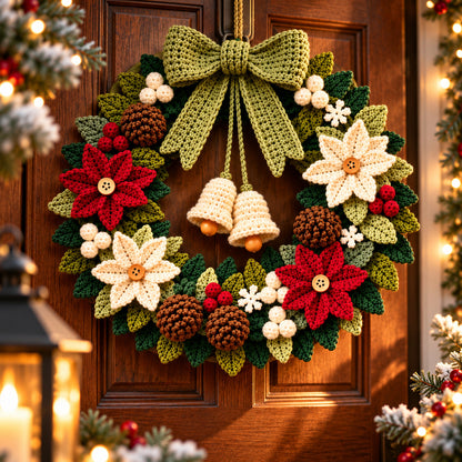 Crochet Christmas Wreath Pattern PDF – Poinsettia Holiday Door Decor