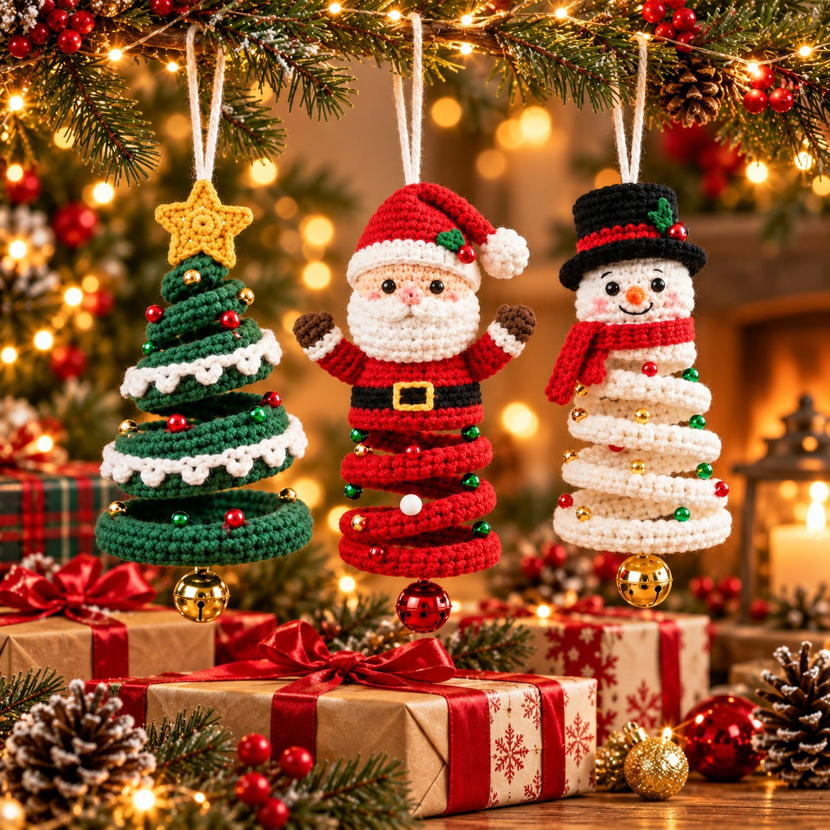 Crochet Christmas Ornament Set – Santa, Snowman & Tree Hanging Decor