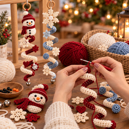 Crochet Winter Snowman Spiral Ornament Pattern PDF – Snowflakes & Bell