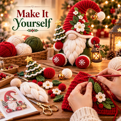 Christmas Gnome Crochet Pattern PDF – Lantern, Mini Tree & Flower Hat