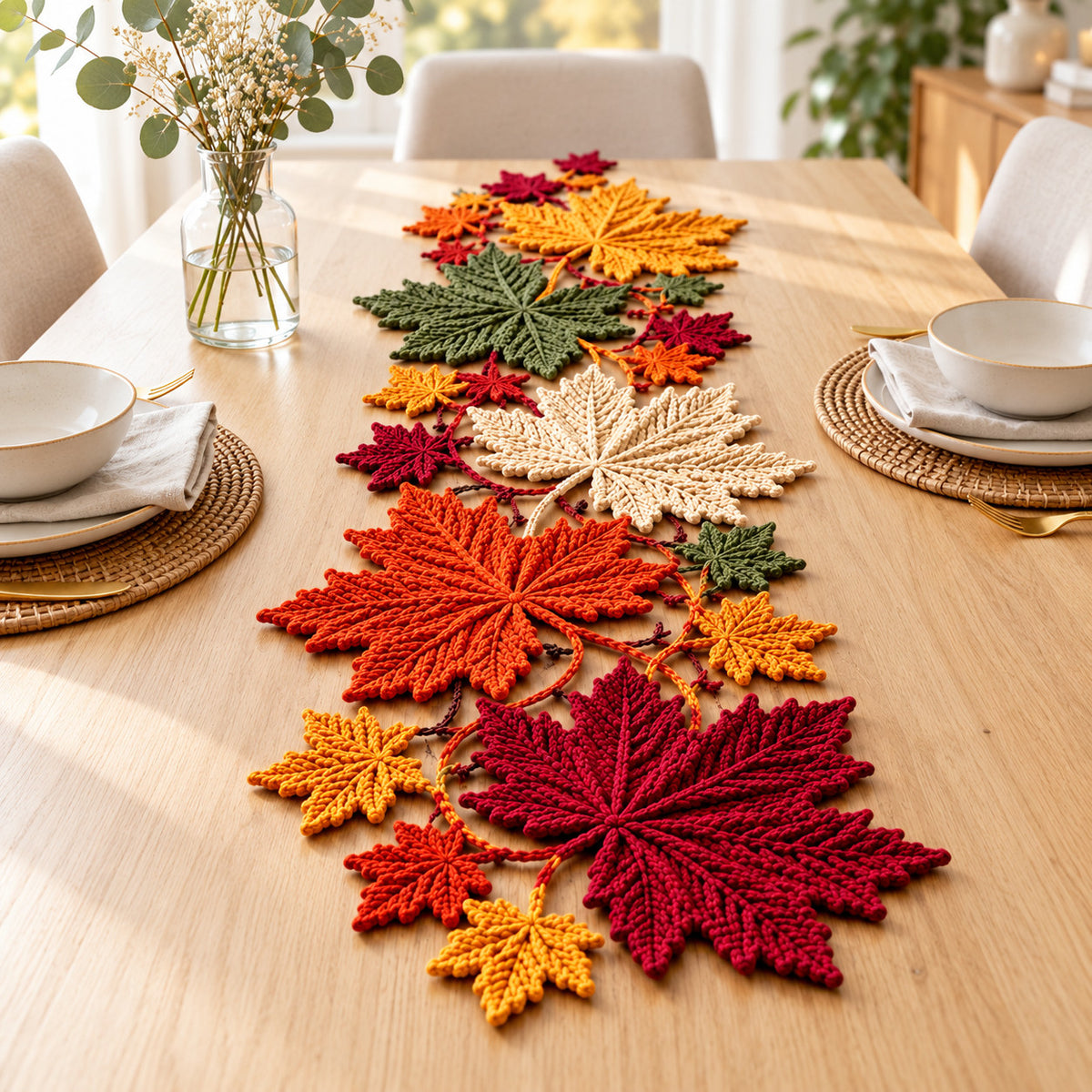 Maple Leaf Crochet Table Runner Pattern PDF – Autumn Botanical Vine Decor