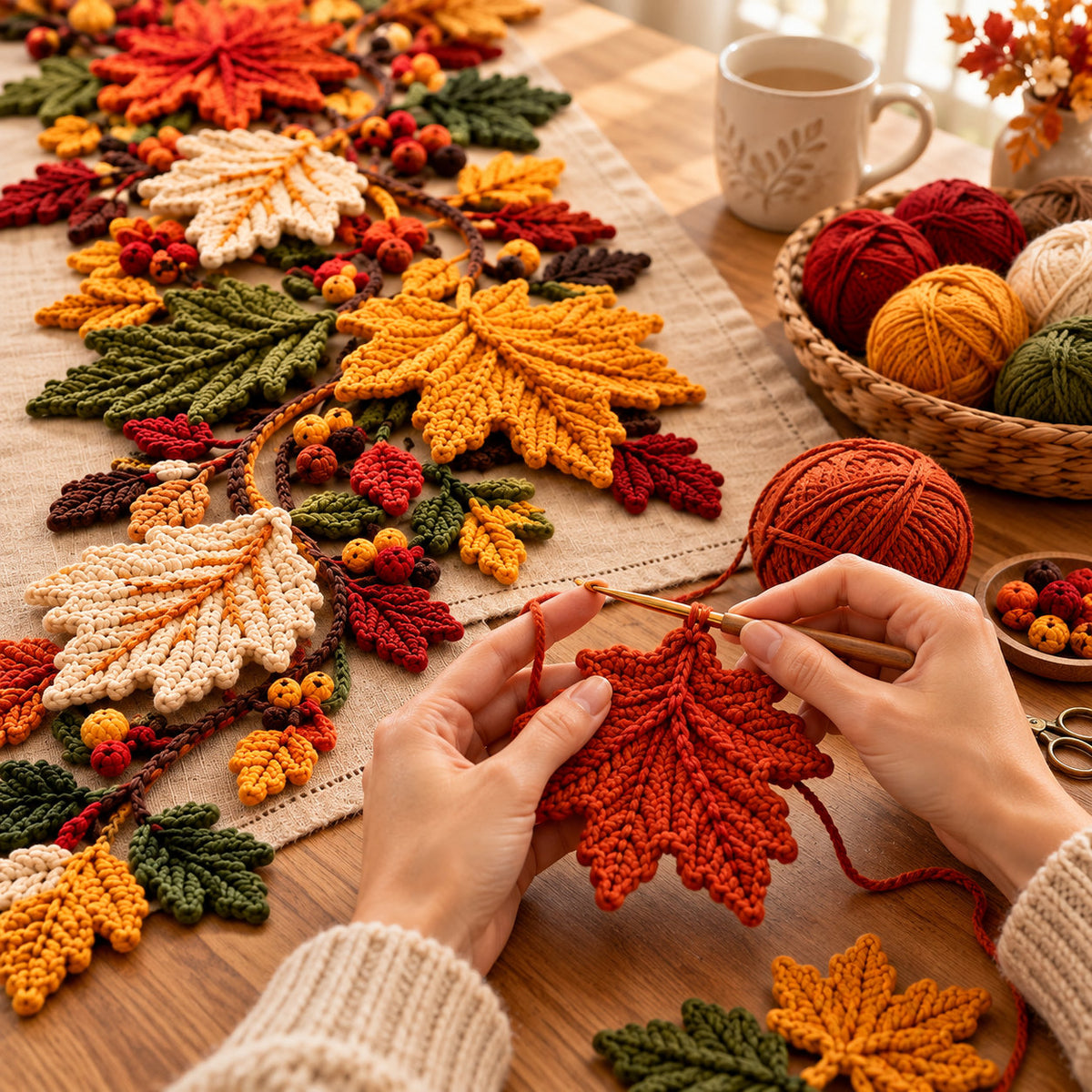 Maple Leaf Crochet Pattern PDF – Fall Table Runner & Thanksgiving Decor