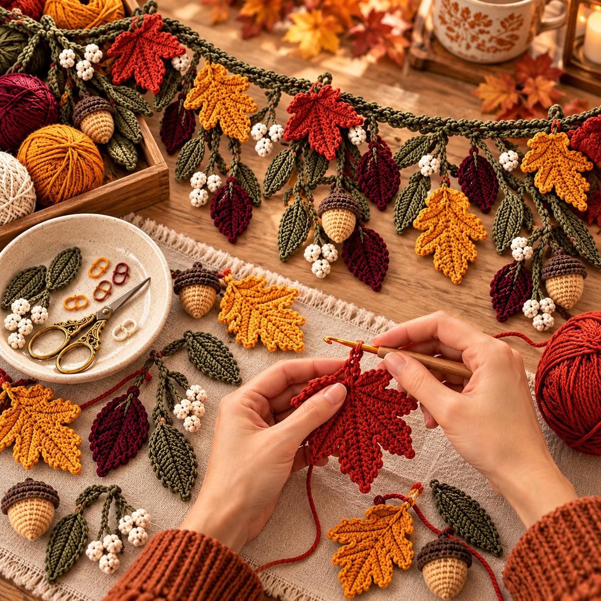 Crochet Fall Garland Pattern PDF – Maple Leaves, Acorns & Autumn Mantel Decor