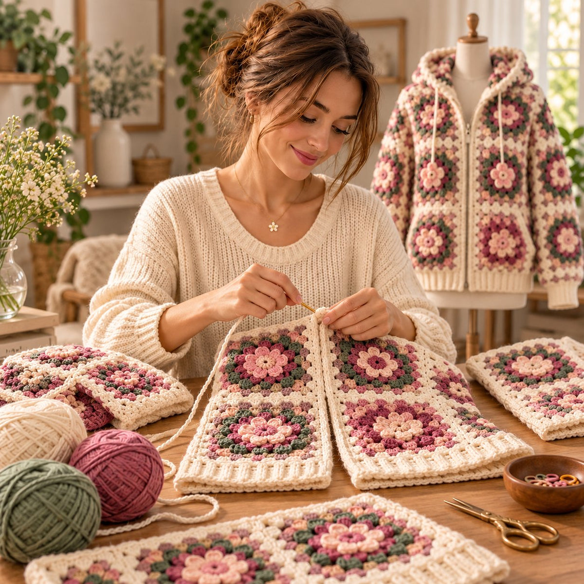 3D Flower Granny Square Hoodie Crochet Pattern – Oversized Zip-Up Cardigan PDF