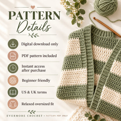 Oversized Chunky Cardigan Crochet Pattern PDF, Beginner Striped Sweater