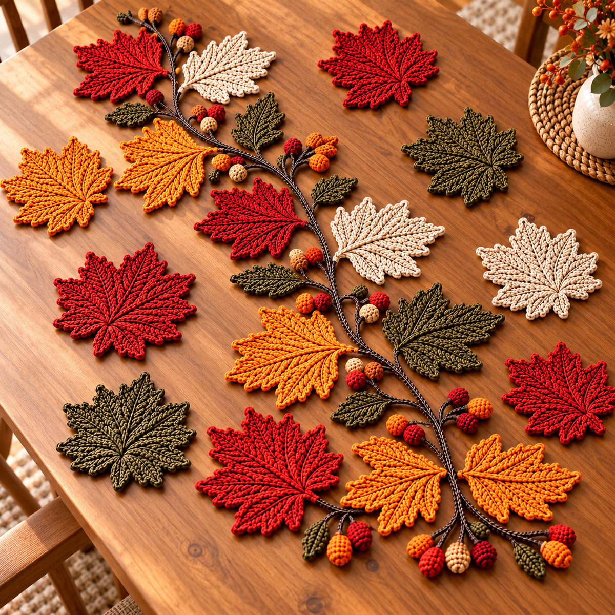 Autumn Maple Leaf Table Runner Crochet Pattern PDF – 6 Coasters Included