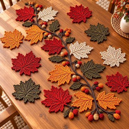 Autumn Maple Leaf Table Runner Crochet Pattern PDF – 6 Coasters Included