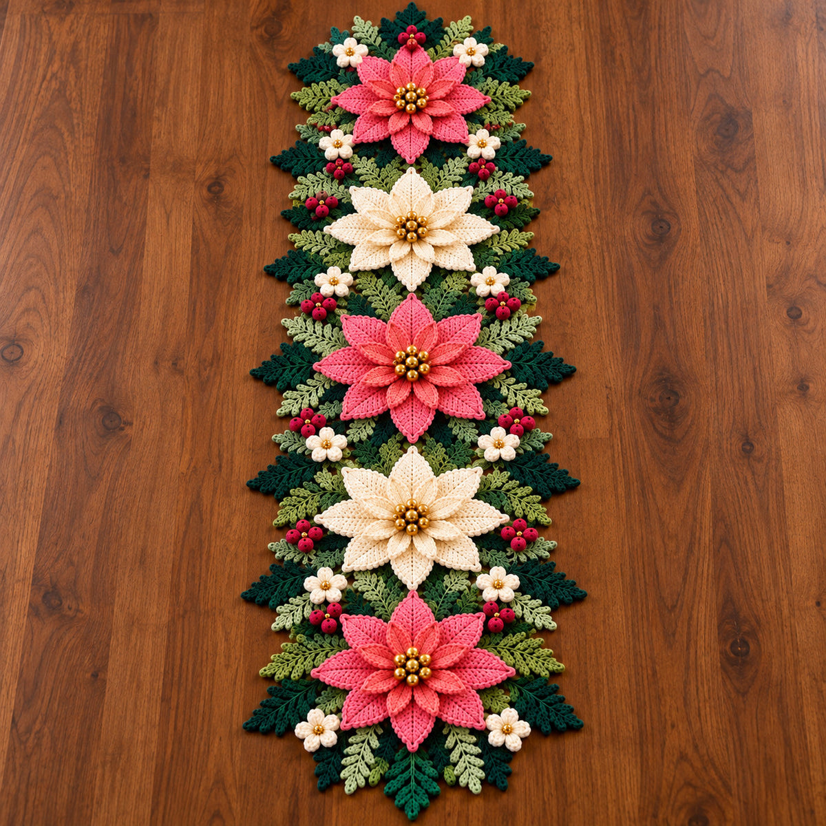 Christmas Poinsettia Table Runner Crochet Pattern PDF – Photo Tutorial
