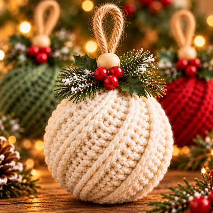 Crochet Christmas Ornament Pattern PDF – Twisted-Rib Bauble, Wooden Bead & Linen Bow