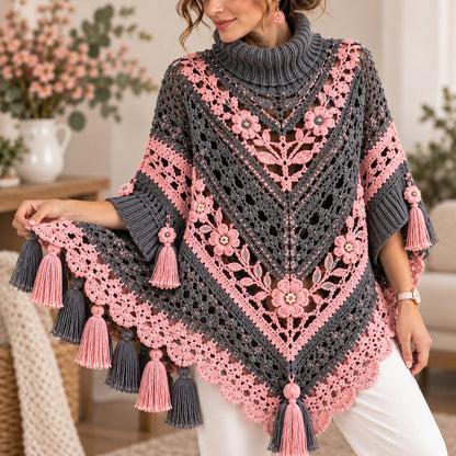 Floral Crochet Poncho Pattern PDF – Boho Cape with 3D Flowers & Tassel Fringe