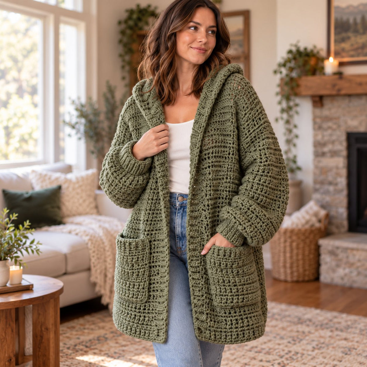 Crochet Hooded Cardigan Pattern PDF – Chunky Textured Oversized Pocket Sweater