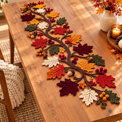 Autumn Leaf Crochet Table Runner Pattern PDF – Maple Leaves, Acorns & Vine