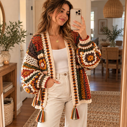 Boho Floral Granny Square Cardigan Crochet Pattern PDF – Lace & Tassel Jacket