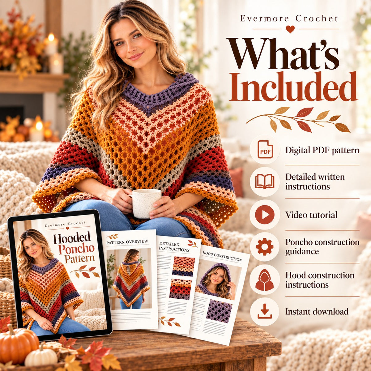 Hooded Poncho Crochet Pattern PDF – Boho Openwork Cape with Video Tutorial