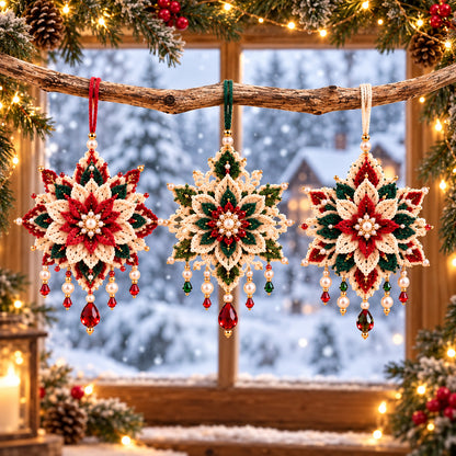 Poinsettia Crochet Ornament Pattern PDF – Set of 3 Beaded Christmas Flowers