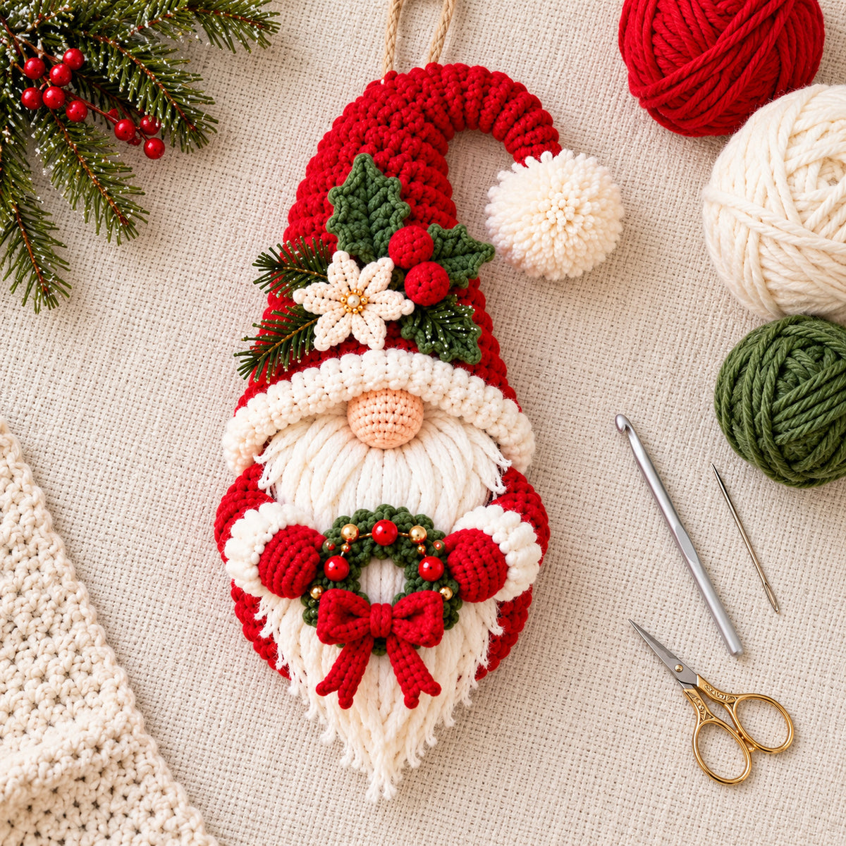 Christmas Gnome Door Hanger Crochet Pattern PDF – Mini Wreath Holiday Decor