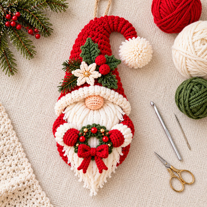 Christmas Gnome Door Hanger Crochet Pattern PDF – Mini Wreath Holiday Decor