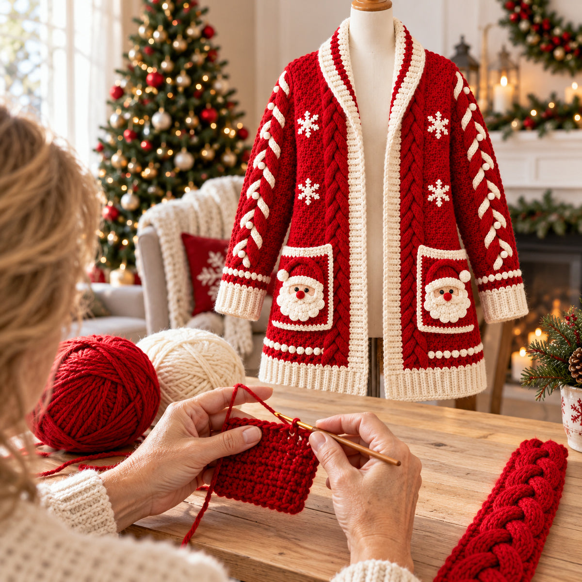 Christmas Santa Cable Cardigan Crochet Pattern PDF – Festive Sweater S–3XL