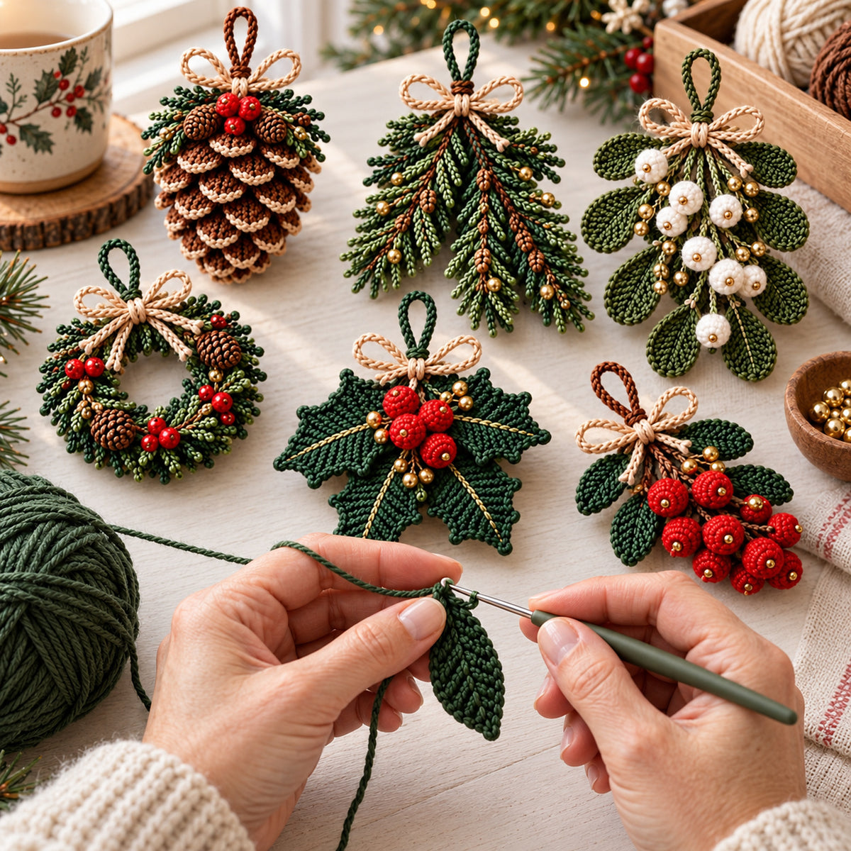4 Christmas Ornament Crochet Patterns Bundle PDF – Pinecone, Spruce, Mistletoe & Holly