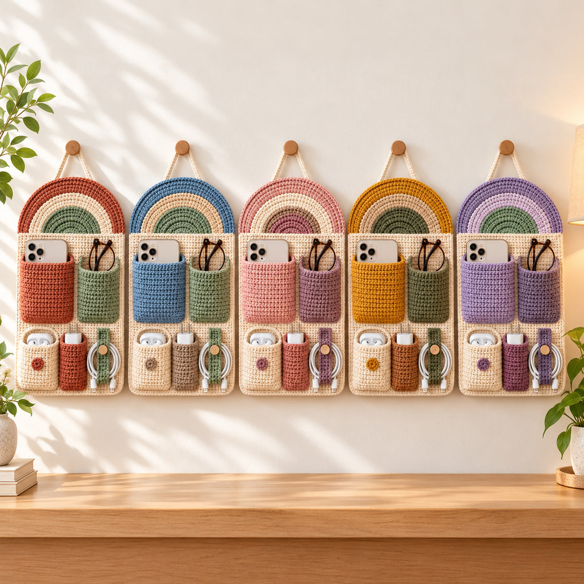 Crochet Wall Organizer Pattern PDF – 5 Pocket Bedside Storage