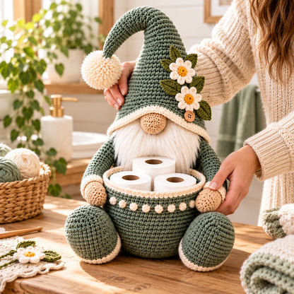 Gnome Toilet Paper Holder Crochet Pattern PDF – Bathroom Storage Basket