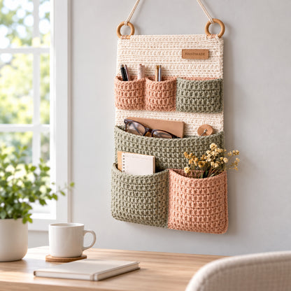 6 Pocket Crochet Wall Organizer Pattern PDF – Boho Hanging Storage