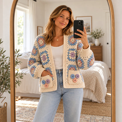 Floral Granny Square Cardigan Crochet Pattern PDF – Boho Pocket Sweater