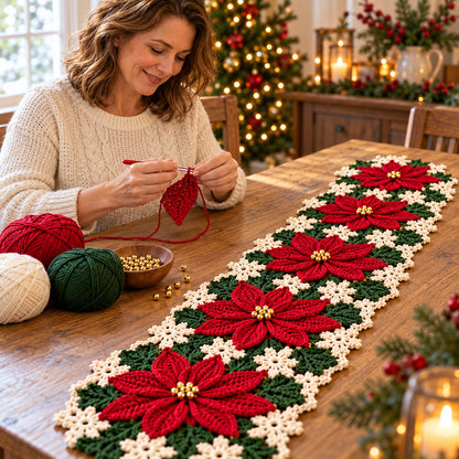 Poinsettia Table Runner Crochet Pattern PDF – Christmas Floral Table Decor