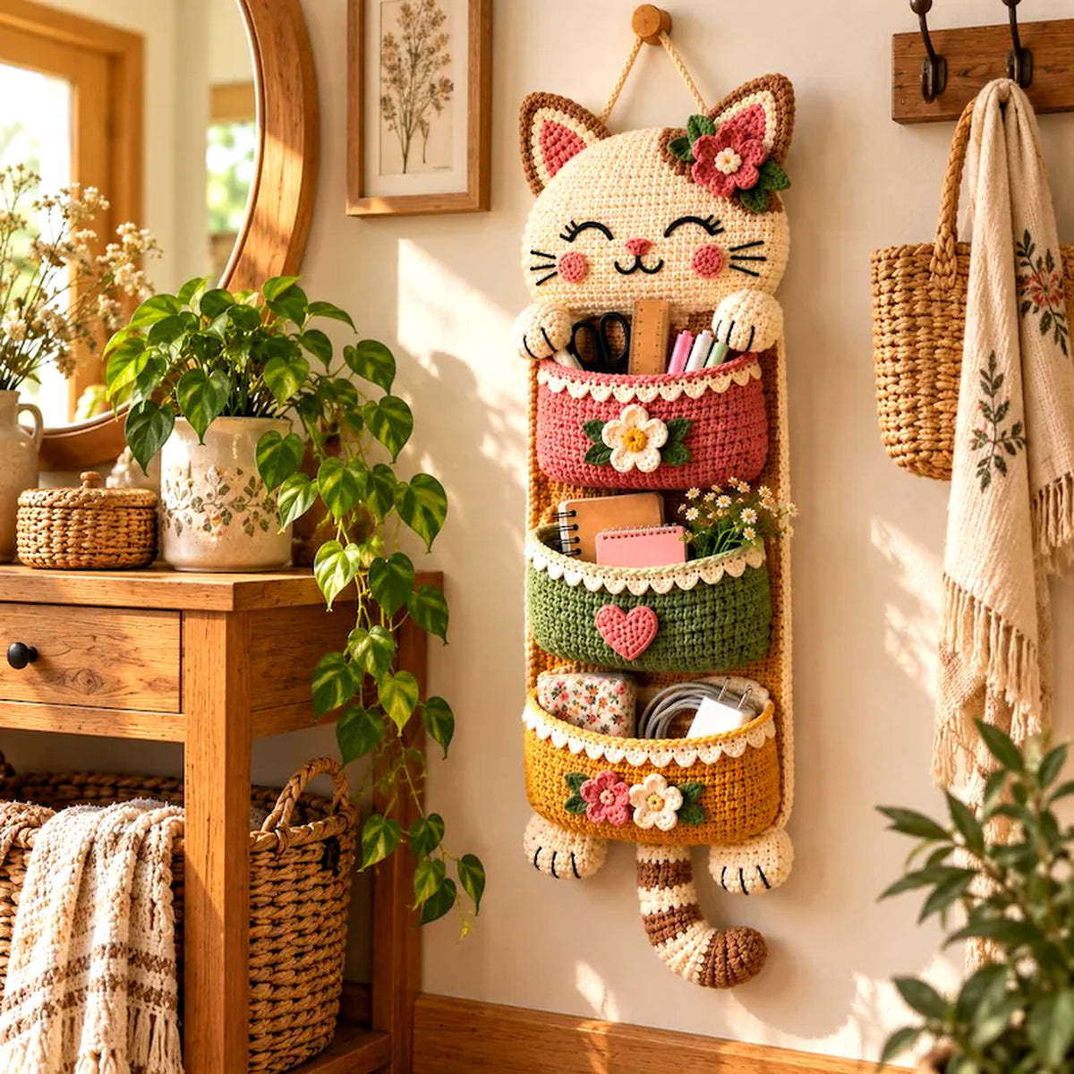 Crochet Cat Wall Organizer Pattern PDF – 3 Pocket Hanging Storage