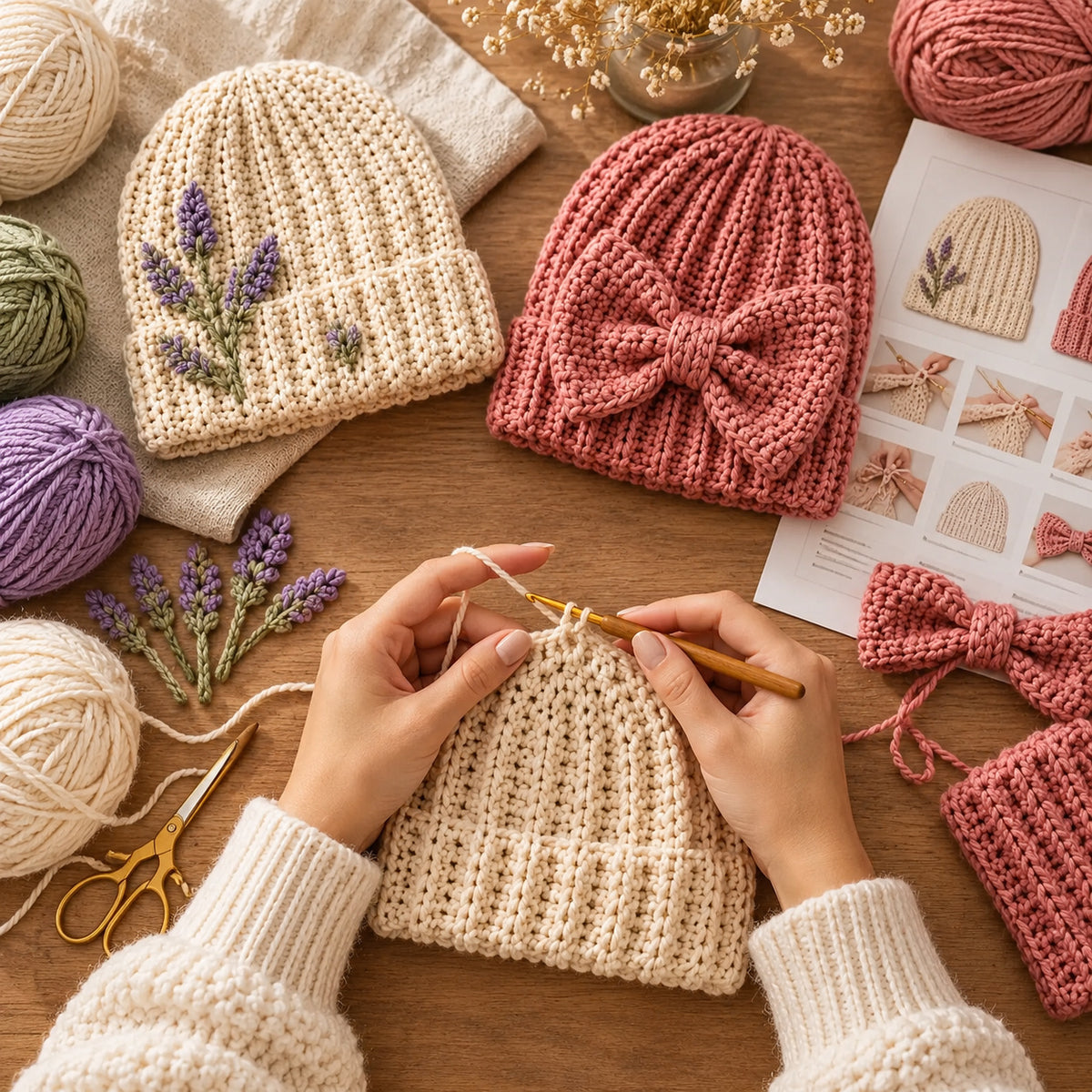 12 Crochet Beanie Patterns Bundle PDF – Modern Winter Hats, Bow, Floral & Chunky