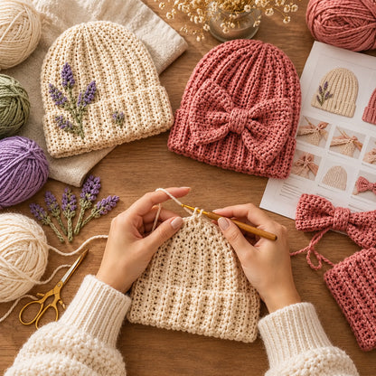 12 Crochet Beanie Patterns Bundle PDF – Modern Winter Hats, Bow, Floral & Chunky