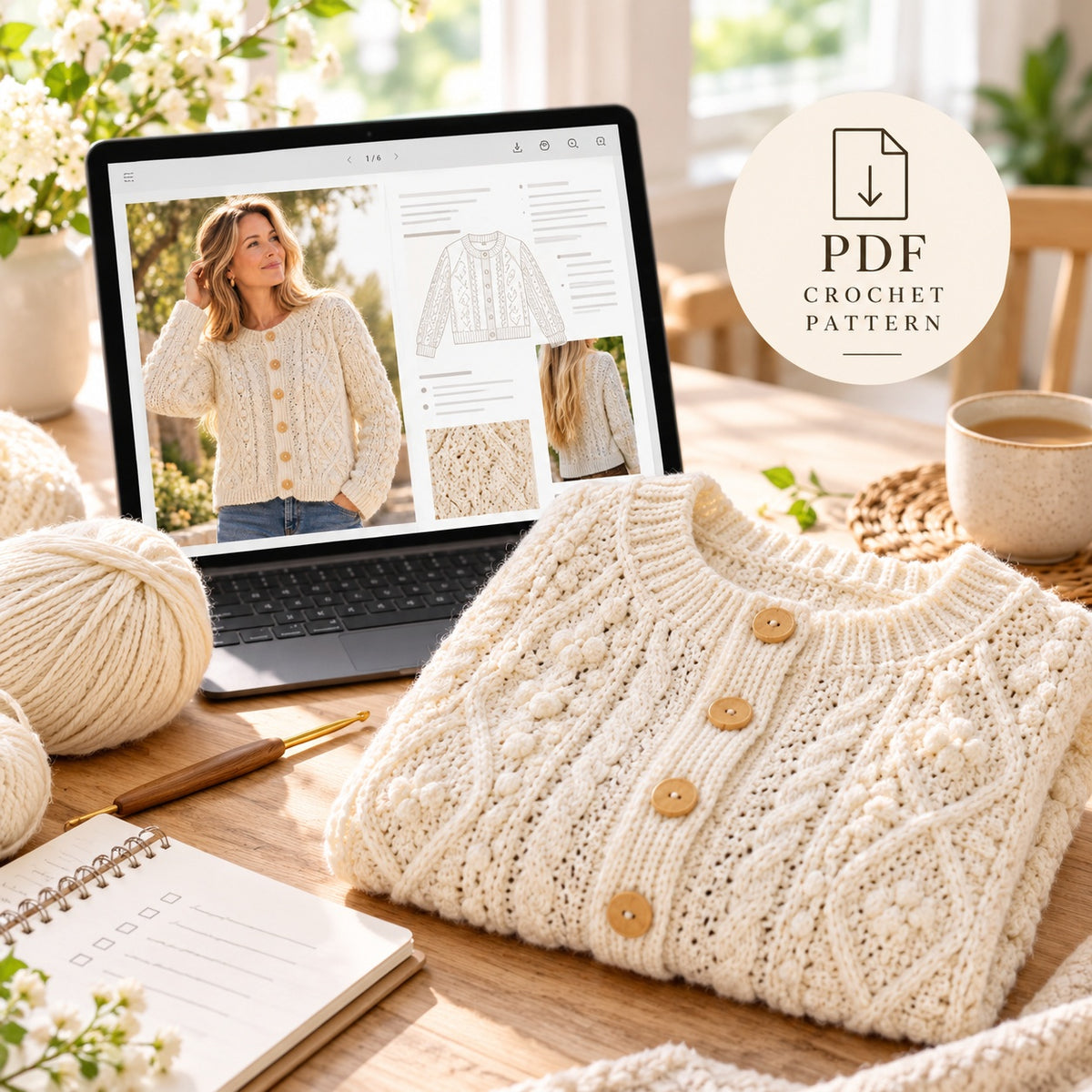 Cable Crochet Cardigan Pattern PDF – Oversized Sweater XS–XL + Video Tutorial