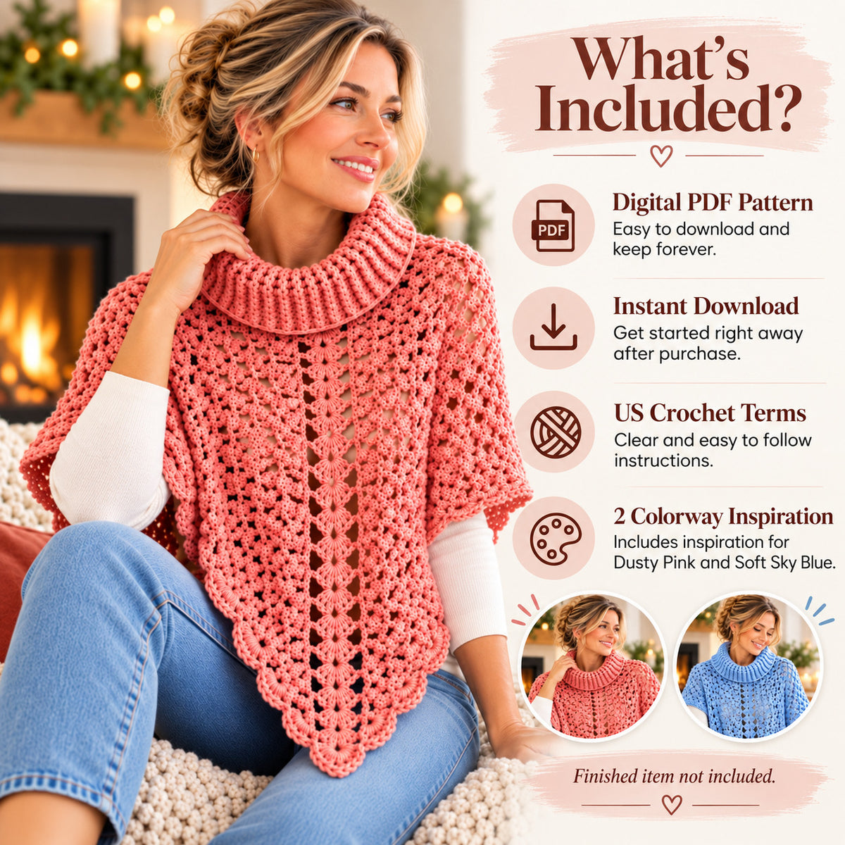 Turtleneck Poncho Crochet Pattern PDF – Cozy Lace Poncho with Pointed Hem