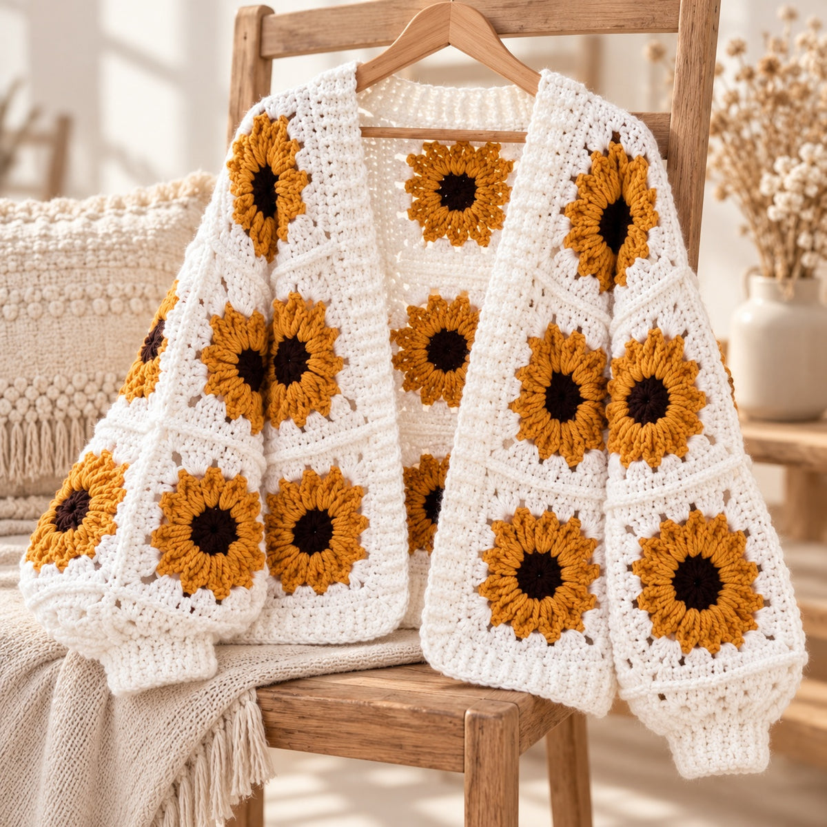 Sunflower Granny Square Cardigan Crochet Pattern PDF – Oversized Floral Jacket