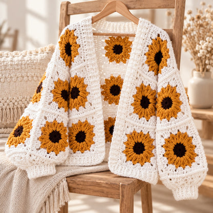 Sunflower Granny Square Cardigan Crochet Pattern PDF – Oversized Floral Jacket