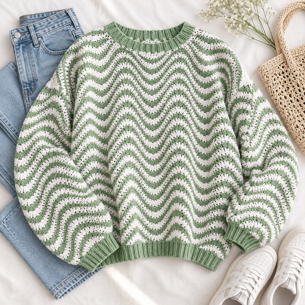 Wavy Striped Sweater Crochet Pattern PDF – Oversized Women’s Pullover